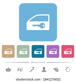 Car door lock white flat icons on color rounded square backgrounds. 6 bonus icons included