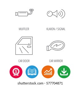Car door, muffler and klaxon signal icons. Car mirror linear sign. Award medal, growth chart and opened book web icons. Download arrow. Vector