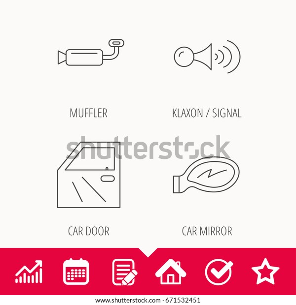Car door, muffler and klaxon signal icons.\
Car mirror linear sign. Edit document, Calendar and Graph chart\
signs. Star, Check and House web icons.\
Vector