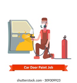 Car Door Paint Job. Specialist Painting Door At The Car Collision Repair Shop. Flat Style Vector Illustration Isolated On White Background.