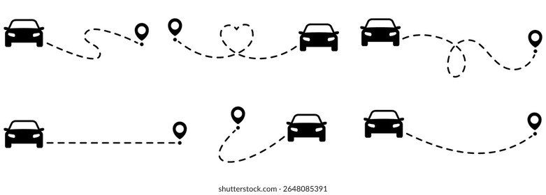 Carro com caminho pontilhado e conjunto de pinos de localização. Conceito de viagem.  Símbolo logístico. Ilustração vetorial isolada em branco.
