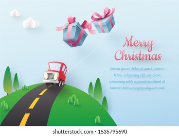 Car is dragging a gift box. Merry Christmas. Vector art and illustration.
