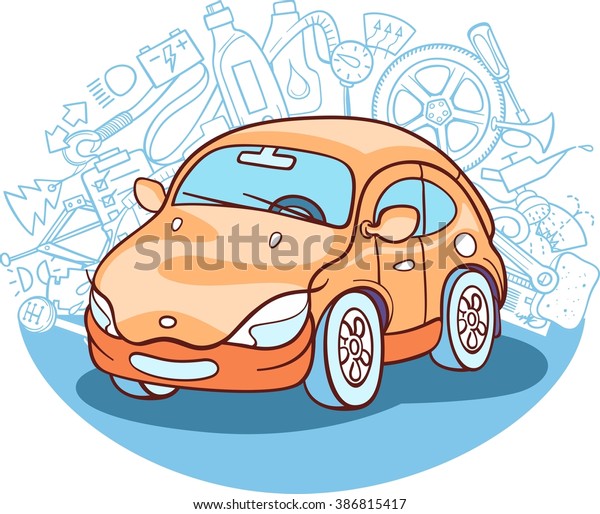 car drawing with different automobile related\
symbols on background