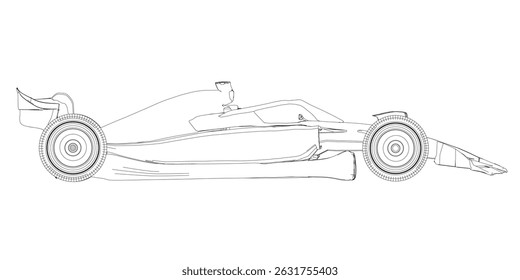 A car is drawn in black and white. The car is a race car and is shown in a very stylized way. Side view