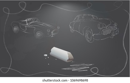 A car drawn in chalk on a chalk board. Vector design of gray board with white chalk