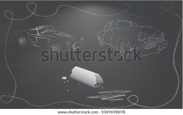 A car drawn in chalk on a chalk board.\
Vector design of gray board with white\
chalk