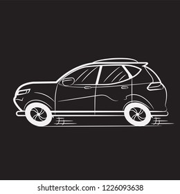 Car Drawn White Lines on Black School Blackboard. Icon. Sketch. Symbol. Sign. Stock Vector Illustration. Transparent. 