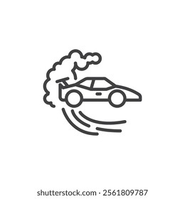 Car Drift line icon. linear style sign for mobile concept and web design. Racing car skidding with smoke outline vector icon. Symbol, logo illustration. Vector graphics