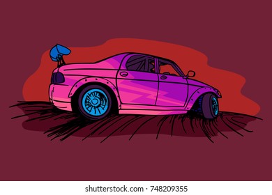 car drifting colored sketch. Hand drawn vector illustration.