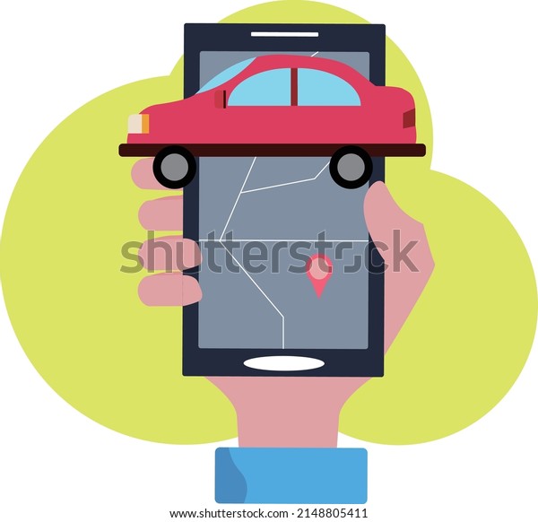 Car\
drive and app. GPS guide map and driving app. Car rental service\
using a mobile application. Hand holding\
smartphone