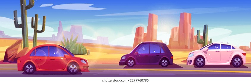 Car drive asphalt highway trip in desert vector background. Perspective side view landscape with rock, cactus and sand nature scenery. Road transport traffic on route in wilderness summer vacation.