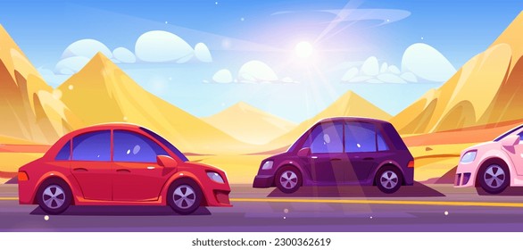 Car drive asphalt highway trip in desert vector background. Perspective side view landscape with hot sand dune nature scenery. Road transport traffic on route in wilderness summer vacation.