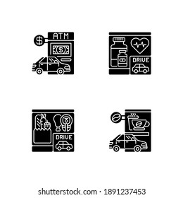 Car in drive in black glyph icons set on white space. ATM terminal. Bank service. Pharmacy store. Convenient drugstore. Grocery, coffee shop. Silhouette symbols. Vector isolated illustration