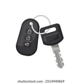 Car drive element. Black automobile keys with keychain. Transportation, trip and travel. Auto and vehicle. Poster or banner for website. Flat vector illustration isolated on white background