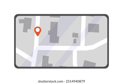 Elemento de accionamiento del coche. Mapa con gps pin. Navegación y geolocalización. Tableta con ruta para automóvil. Pegatina para redes sociales. Ilustración vectorial plana aislada sobre fondo blanco