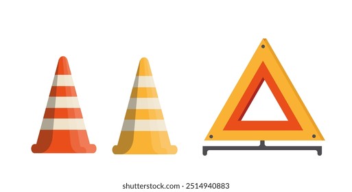Elemento de accionamiento del coche. Conos y triángulos rojos y amarillos. Regulación del tráfico rodado. Seguridad y protección. Cartel o Anuncio. Ilustración vectorial plana aislada sobre fondo blanco