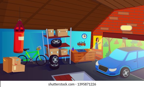 Car Drive in Garage Interior. Storage Room with Auto Equipment, Tires, Bicycle, Punching Bag, Metal Racks, Tools, Boxes, Open Basement. Private Building for Transport. Cartoon Flat Vector Illustration