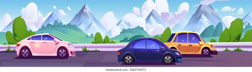 Recorrido por carretera de montaña en auto con paisaje de verano. Viaje de caricatura por carretera con un hermoso horizonte natural. movimiento del vehículo de velocidad en el camino asfalto a vacaciones soleadas de fin de semana