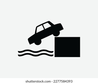 Coche fuera del encono del acantilado Vehículo Caer en el vector del mar de agua Símbolo de silueta blanca negra Signo de ilustración gráfica del cliente Ilustración Pictograma