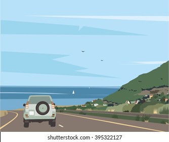 Car drive on the bay, vector illustration