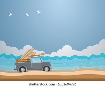 Car drive on the beach with a surfboard on the roof in summer season,vector and illustration.