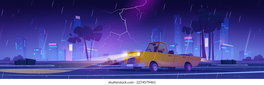 Car drive on city street in rain at night. Rainy weather, thunderstorm with lightning and cabriolet driving on road. Cityscape with buildings and highway in storm, vector cartoon illustration