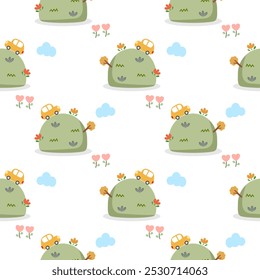 Car drive on mountain cartoon so cute. On flower cloud white background. Pattern seamless vector illustration. 
