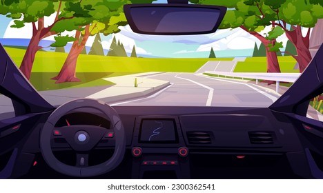 Auto fahren auf der Straße Innenansicht. Fahrzeuginnenraum mit Lenkrad, Armaturenbrett, GPS-Navigator und Windschutzscheibe mit Blick auf die Sommerlandschaft, Vektorgrafik