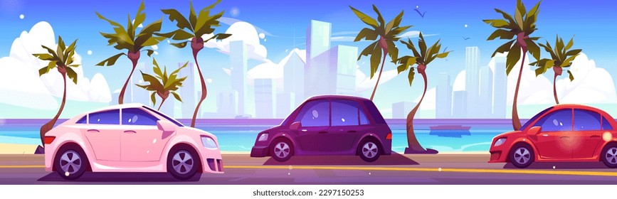 Car drive on road near sea with skyscrapper view vector background. Palm tree on ocean embankment in town summer cartoon illustration. Paradise water coast traffic in sunny vacation island bay.