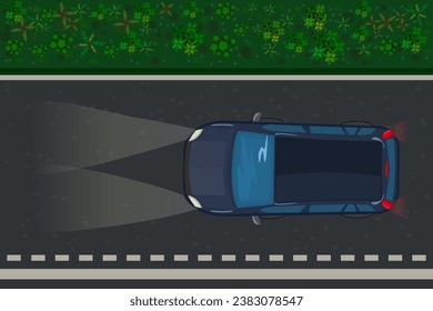 Conduce por la carretera de noche. Paseo en automóvil por la oscura calle nocturna. Vehículo conduciendo por la autopista al anochecer. Vista de la parte superior del motor moviéndose por la noche en la carretera. Ilustración vectorial de acciones