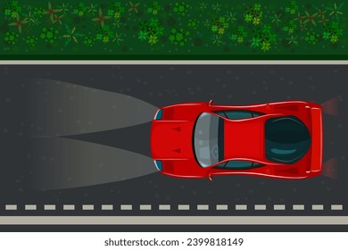 Car drive on road at night. Automobile ride on dark nighttime street. Vehicle driving on highway at dusk. Motor top view moving at evening on roadway. Stock vector illustration