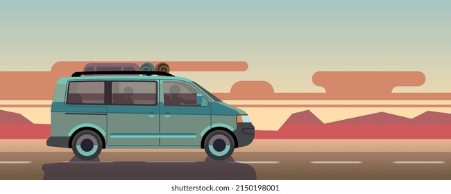 Car drive on sunset background. Cartoon auto travel