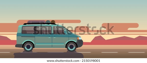 Car drive\
on sunset background. Cartoon auto\
travel