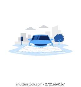 Autofahrt durch eine überflutete Straße Spritzwasser trübe Regenzeit