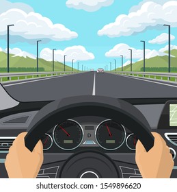 Car drive POV concept. View from inside of a car. The driver's hands on the steering wheel, the dashboard, the car interior, the highway and traffic. Vector illustration