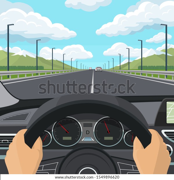 Car drive POV concept.\
View from inside of a car. The driver\'s hands on the steering\
wheel, the dashboard, the car interior, the highway and traffic.\
Vector illustration