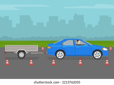 Car drive practicing. Blue sedan making a trailer towing practice. Side view. Flat vector illustration template.