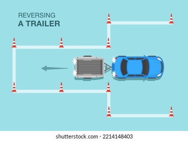 Car drive practicing. Blue sedan making a trailer towing practice. Top view of a car trailer reversing. Flat vector illustration template.