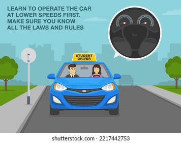 Car drive practicing. Learn to operate the car at lower speeds first, make sure you know all the laws and rules. Instructor sitting in a car next to a female student driver. Flat vector illustration.