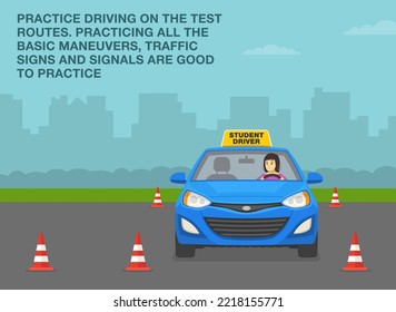 Car drive practicing. Practice driving on the test routes. Young female student driver practicing maneuvers, traffic signs and signals. Flat vector illustration template.