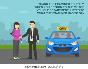 Car drive practicing. Thank the examiner politely. Female student driver passed practical driving test. Examiner congratulates and shaking driver's hand. Flat vector illustration template.
