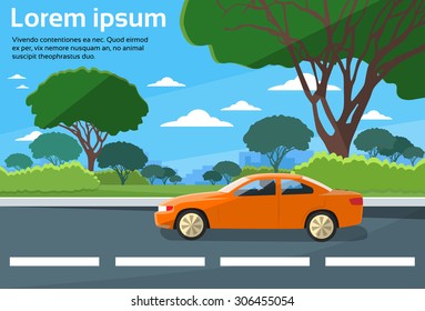 Car Drive Road Landscape Flat Vector Illustration