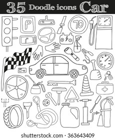 Car and drive. Set of 35 doodle icon. Vector illustration 