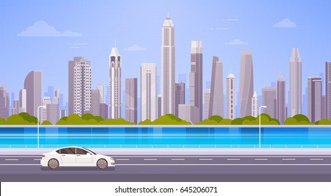 Car Drive Street Road Over City Skyscraper View Cityscape Background Skyline Panorama Flat Vector Illustration