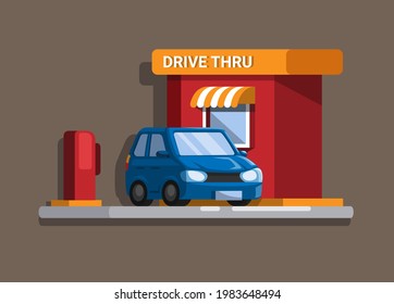 Car in Drive thru fast food restaurant illustration cartoon vector