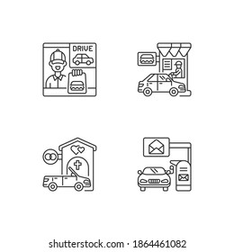 Car In Drive Thru Lane Linear Icons Set. Fast Food Restaurant Window. Convenience Mailbox For Driver. Customizable Thin Line Contour Symbols. Isolated Vector Outline Illustrations. Editable Stroke