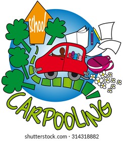 Car Driven By A Parent Carrying Children To School. Flowers From The Tailpipe. Landscape Saved From Pollution. Illustration For The Concept Of Carpooling.