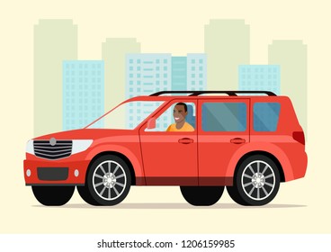 Car with driver afro american man. Vector flat style illustration