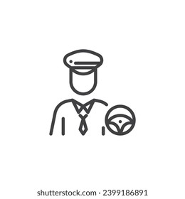Icono de línea de avatar del controlador de auto. signo de estilo lineal para concepto móvil y diseño web. Icono del vector del contorno del conductor y del volante de dirección. Símbolo, ilustración del logotipo. Gráficos vectoriales