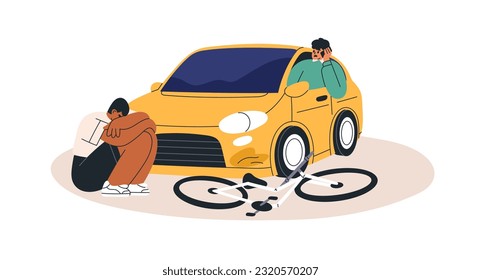 El conductor del coche pide ayuda después de golpear al ciclista. Conmocionado jinete de bicicletas sentado en la carretera después de un accidente de tráfico. Colisión en bicicleta y autotransporte. Ilustración vectorial plana aislada en fondo blanco